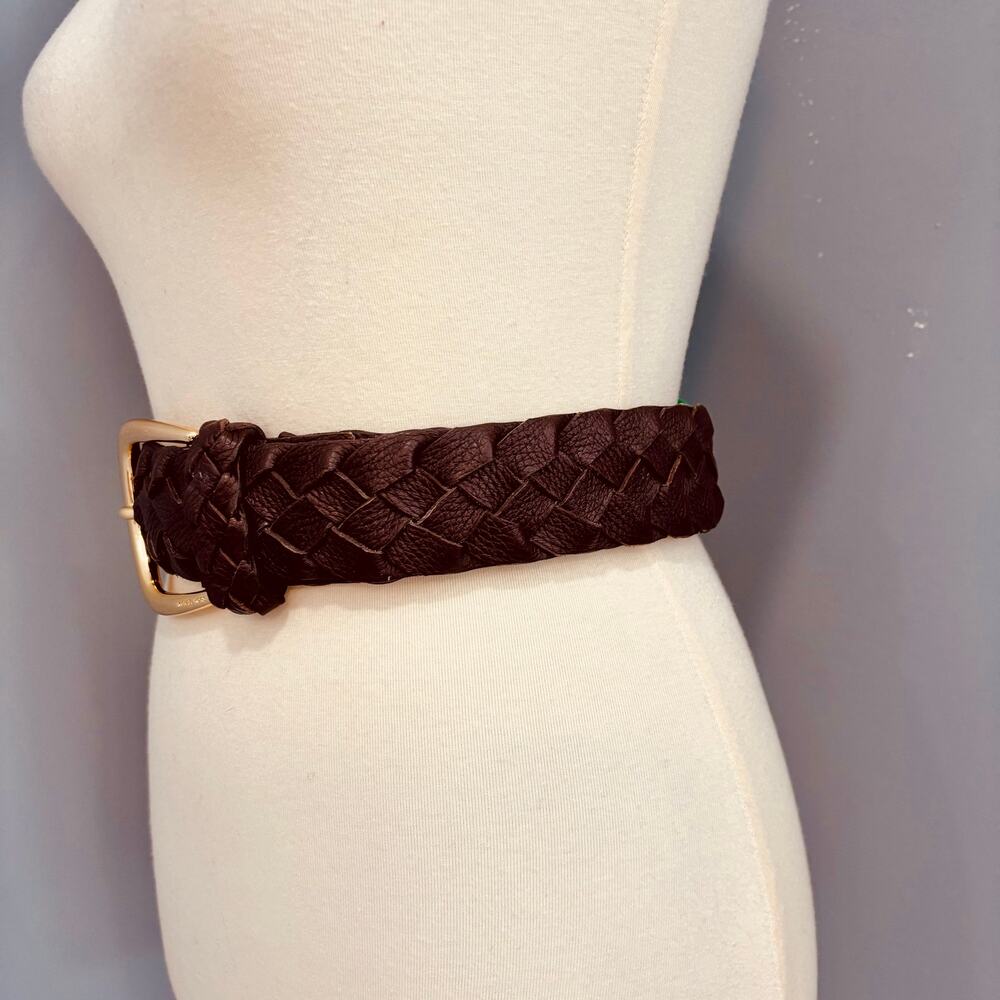 VTG Oversized Wide Brown Braided Leather Belt Gold Buckle, Women's L/XL - Picture 4 of 8